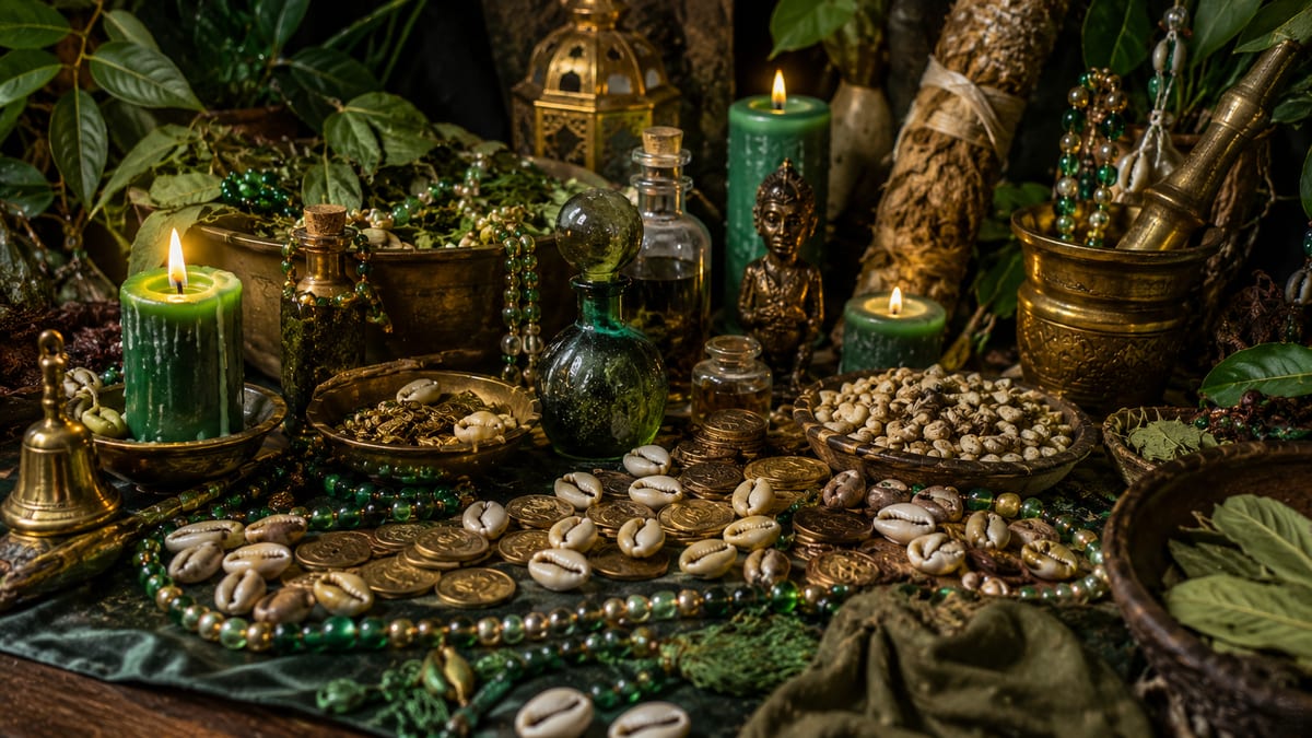 Autel dressé dans la verdure : bougies vertes, plateau de laiton, cauris et colliers de perles