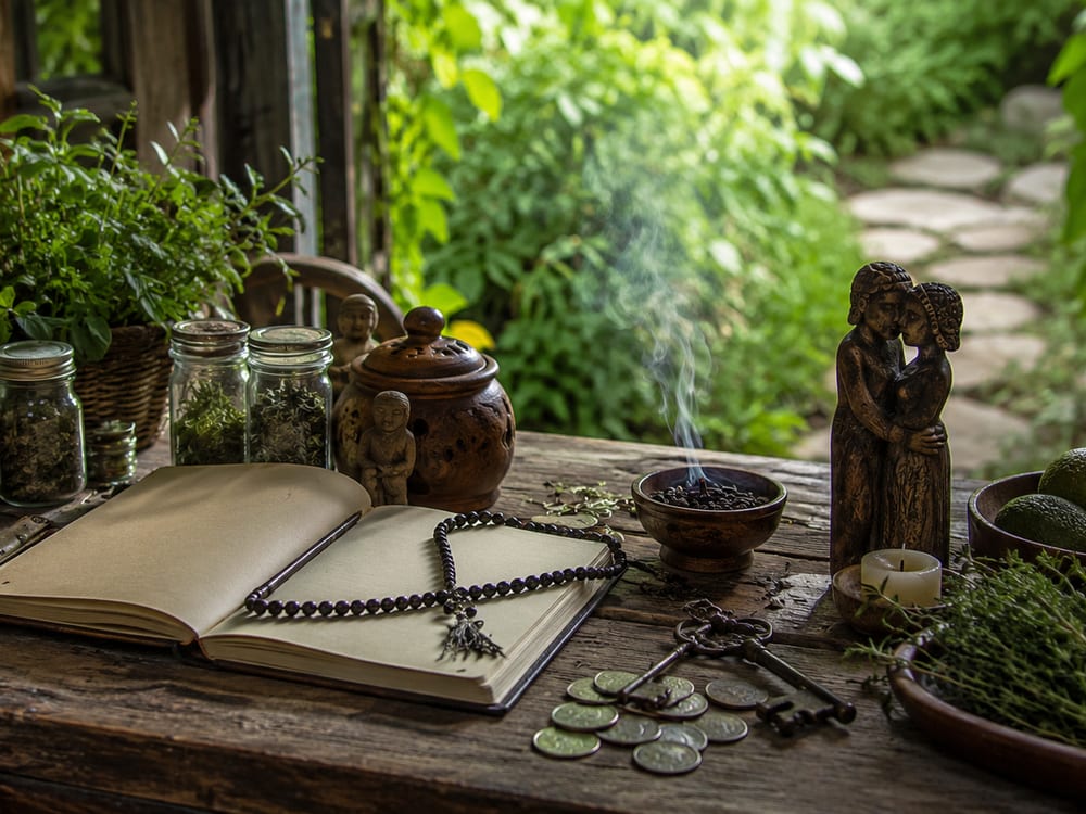 Cahier ouvert sur une table de véranda, chapelet, clés anciennes, bocaux de plantes et statuette, face au jardin